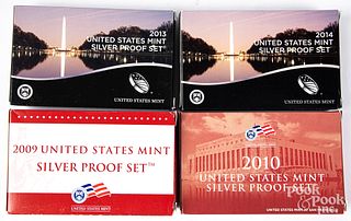 Four US Mint Silver Proof sets; 2009, 2010, etc.