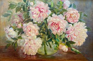 19thc. French Oil, Signed Piabet, Peonies