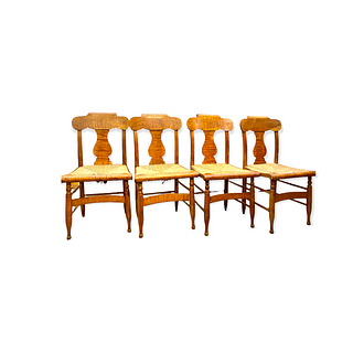 Four American Curly Maple Rush Seat Chairs