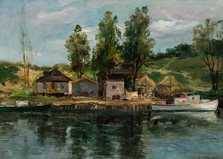 Charles Paul Gruppe (1860–1940) – Fishing Shacks Along the Shoreline