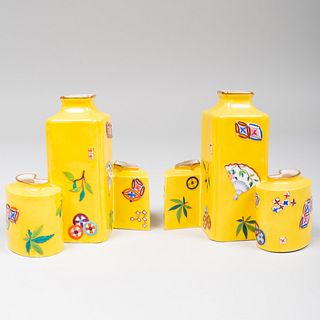 Pair of Royal Worcester Yellow Ground Porcelain Vases Decorated in the Asian Taste