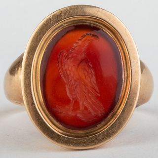 Ancient Roman Carnelian Agate Intaglio of the Eagle of Zues Set in an 14k Gold Collectors Ring