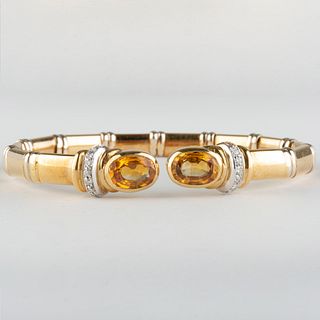 18k Gold, Yellow Sapphire and Diamond Hinged Cuff Bracelet