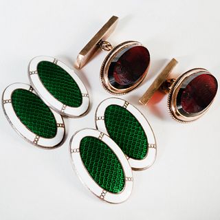 Pair of Krementz Sterling Silver and Green and White Enamel Cufflinks and a Pair of 14k Gold and Quartz Cufflinks