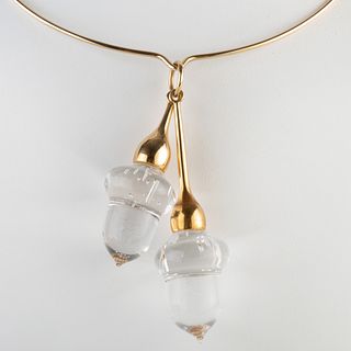 Steuben Glass 18K Yellow Gold & Crystal Acorn Pendant Choker Necklace