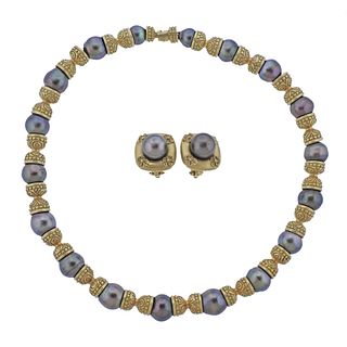 Kanaris 18k Gold Tahitian Pearl Earrings Necklace Set