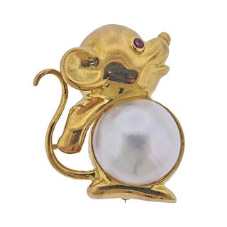 Jean Vitau 18k Gold Mabe Pearl Ruby Mouse Brooch