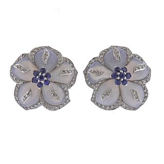18k Gold Chalcedony Diamond Sapphire Flower Earrings