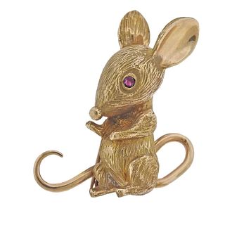 Vintage 14k Gold Ruby Mouse Brooch Pin