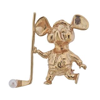 Vintage 14k Gold Pearl Mouse Hockey Player Brooch
