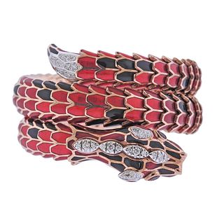 Italian 18k Gold Silver Enamel Diamond Wrap Snake Bracelet