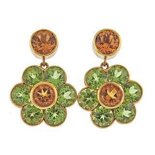 18k Gold Peridot Citrine Flower Drop Earrings