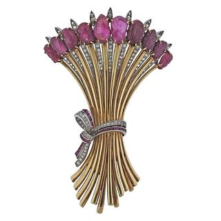 Retro Gold Carved Ruby Diamond Wheat Bunch Brooch