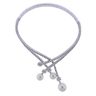 Italian 7.62ctw Diamond Pearl 18k Gold Necklace