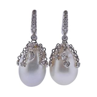 18k Gold Diamond Baroque Pearl Earrings