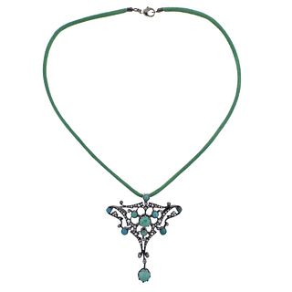 Antique Art Nouveau Gold Silver Diamond Turquoise Brooch Necklace