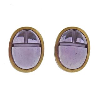 Kieselstein Cord Scarab Carved Amethyst 18k Gold Earrings