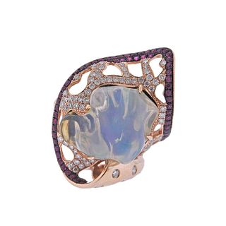 18k Gold Diamond Opal Ruby Cocktail Ring
