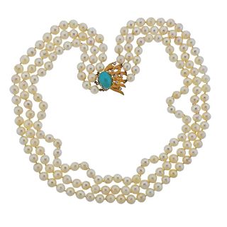 1960s 14k Gold Diamond Diamond Pearl Necklace