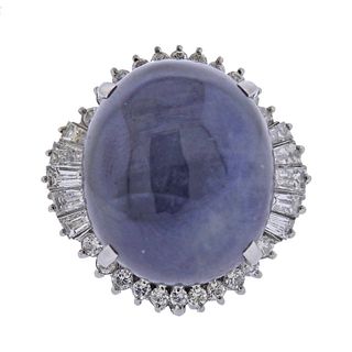 Platinum 36.38ct Sapphire Cabochon Diamond Ring
