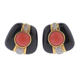 1980s 18k Gold Diamond Onyx Coral Earrings