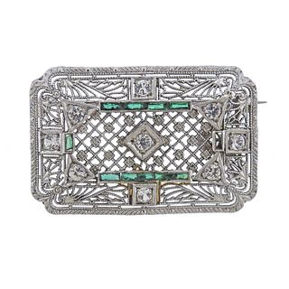 Art Deco Filigree 14k Gold Diamond Emerald Pendant Brooch