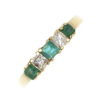An 18ct gold emerald and diamond ring. Designed as an alternating square-shape emerald and diamond l