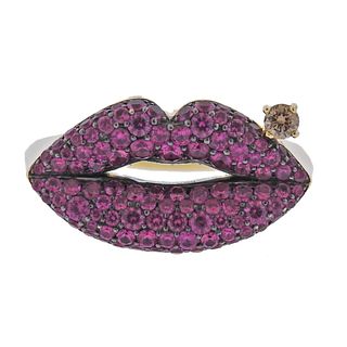18k Gold Pink Sapphire Diamond Lips Ring