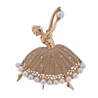 Retro 14k Gold Pearl Diamond Ballerina Brooch 
