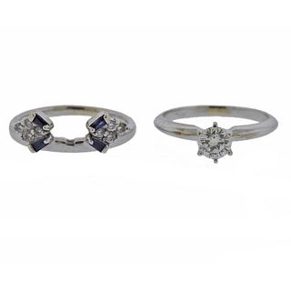 14k Gold Diamond Sapphire Engagement Guard Ring Set