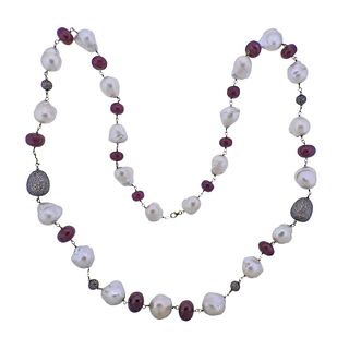 Silver 14k Gold Baroque Pearl Ruby Diamond Long Necklace
