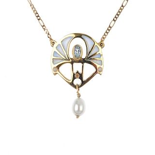 An 18ct gold aquamarine, cultured pearl and enamel necklace. The cultured pearl drop, suspended from