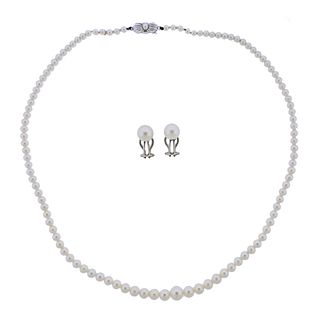 18K Gold Pearl Necklace Earrings Set