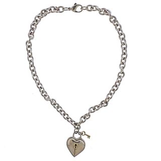 Vintage Tiffany & Co Silver 18K Gold Heart Lock Key Pendant Necklace