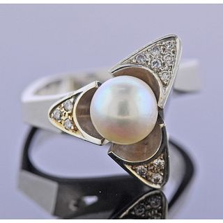 Modernist 14k Gold Diamond Pearl Ring