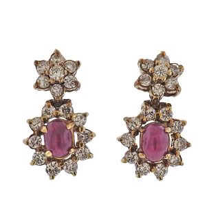14k Gold Diamond Ruby Drop Earrings