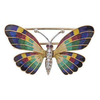 18k Gold Diamond Enamel Butterfly Brooch Pin
