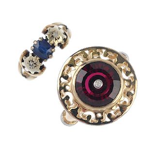 Two 9ct gold gem-set and diamond rings. To include a garnet and diamond dress ring, with openwork su