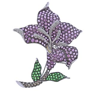 18k Gold Sapphire Tsavorite Diamond Orchid Flower Brooch