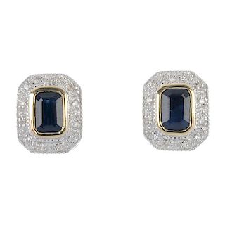A pair of 9ct gold sapphire and diamond cluster ear studs. Each designed as a rectangular-shape sapp