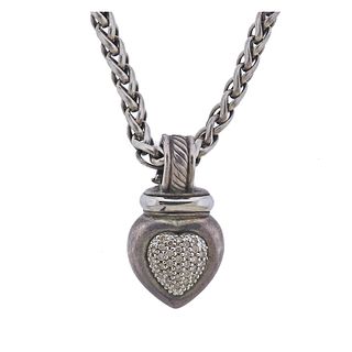 David Yurman Silver Diamond Heart Pendant Wheat Necklace