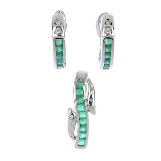 A set of emerald and diamond jewellery. The pendant designed as a calibre-cut emerald curved line wi