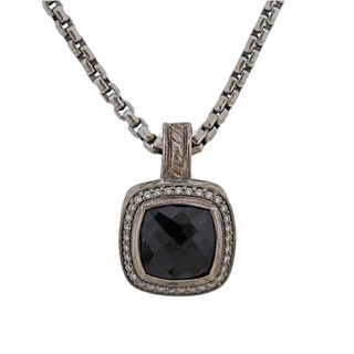David Yurman Albion Silver Onyx Diamond Pendant Necklace
