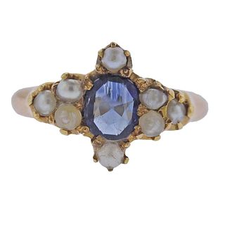 Antique 14k Gold Pearl Sapphire Ring