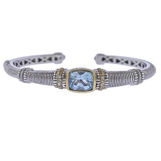 Judith Ripka 18k Gold Silver Diamond Blue Crystal Bracelet