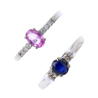Two 18ct gold diamond and gem-set rings. To include a sapphire and diamond three-stone ring, togethe