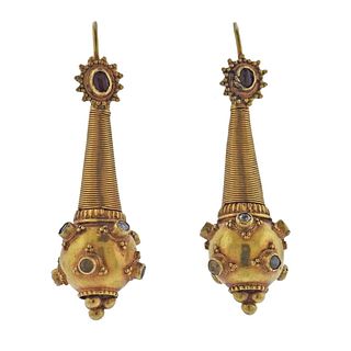 Antique Etruscan 18k Gold Diamond Gemstone Earrings