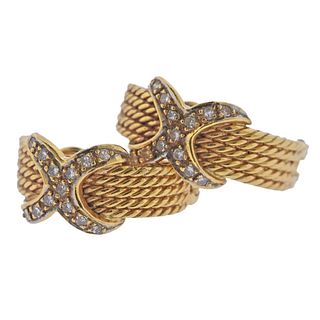 18k Gold Diamond X Rope Half Hoop Earrings