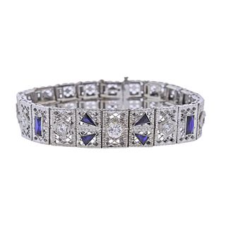 Art Deco Filigree Diamond Sapphire Gold Platinum Bracelet