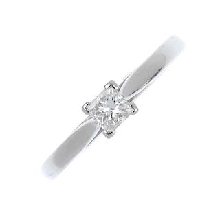 A platinum diamond single-stone ring. The square-shape diamond, to the plain band. Diamond weight 0.